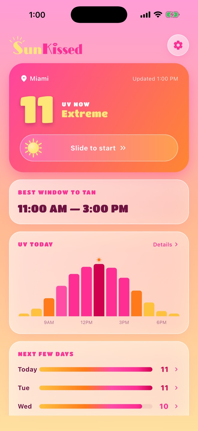 Sunkissed home screen showing a UV index of 11 in Miami